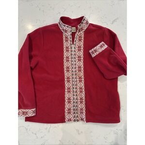 LL BEAN JACKET Nordic Snowflake Knit Trim Fair‎ Isle Poinsettia Ribbon Womens XL